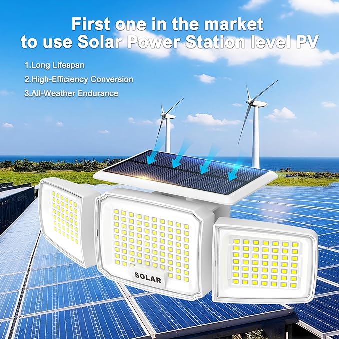 White Solar Security Light Outdoor Super Bright LED, Motion Sensor Solar Flood Light, 3 Heads 270° Wide Angle,Remote Control, IP65 Waterproof, 3 Modes (3 Packs)