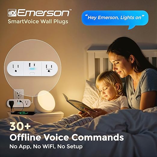 Emerson SmartVoice 4-in-1 Wall Plug, Voice Control Smart Outlet w/ 2 AC (1 Voice + 1 Always-On), USB-A & USB-C Ports, No WiFi, No App, Sleep & Wake Timer, ETL Listed