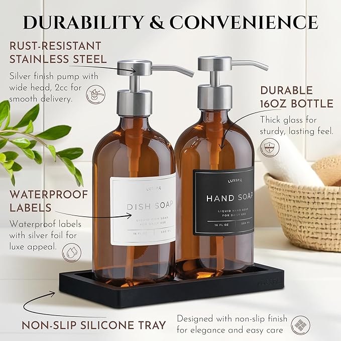 Glass Soap Dispenser Set of 2 (Amber) with Silicone Tray | Hand and Dish Soap Dispenser for Kitchen and Bathroom | 16.8 Oz Glass Bottles with Stainless Steel Pump & 15 Waterproof Labels (Amber/Silver)