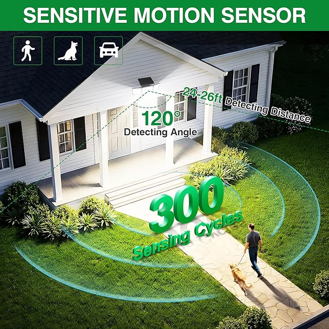 Solar Outdoor Lights Motion Sensor, 2500LM 286 LED Security Flood Lights with Visual Battery & Mode Display, 3 Lighting Modes, IP65 Waterproof 3-Head Wide Angle for Garage, Yard, Patio (1 Pack)