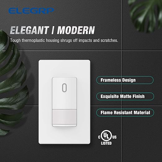 ELEGRP Occupancy Motion Sensor Light Switch, PIR Infrared Motion Activated Wall Switch, No Neutral Wire, Single Pole for CFL/LED/Incandescent Bulb, Wall Plate Included, UL Listed (6 Pack, Matte White)