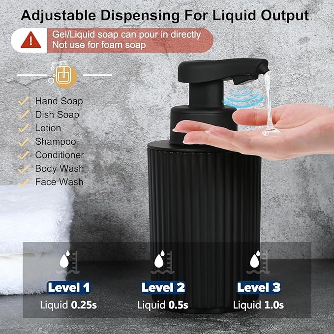 Automatic Soap Dispenser Liquid Touchless: 9oz Black Plastic - Rechargeable Electric Smart Auto Hand Soap Dispenser - Dish Bathroom Kitchen