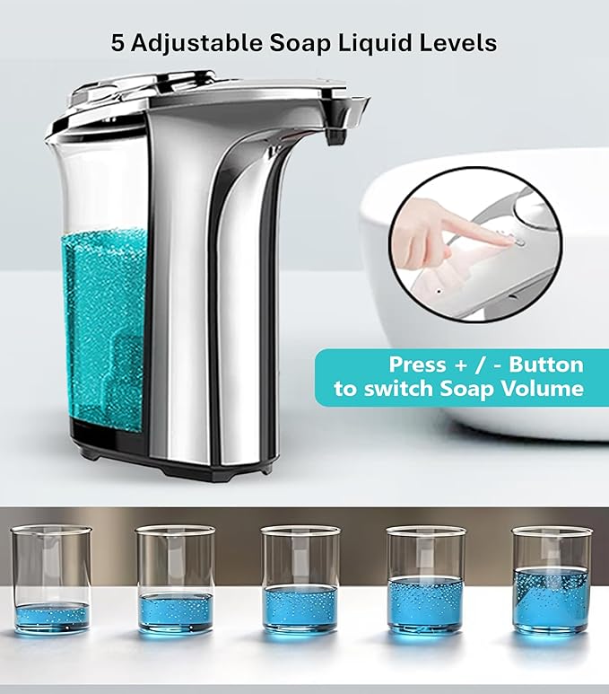 Automatic Soap Dispenser Touchless - Battery Operated Sensor Liquid Soap Pump for Kitchen Sink & Bathroom - Silver Glossy Color, 5 Adjustable Levels, IPX4 Waterproof, 17oz / 500ml