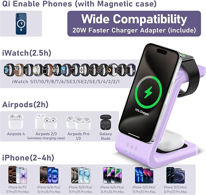 Smtcsl 3 in 1 Wireless Charging Station: 5000mAh Removable Power Bank Charger Stand for Phone/Watch/Air Pods - Portable Magnetic Battery Pack for Air 17 16 15 14 13 12 Series Purple