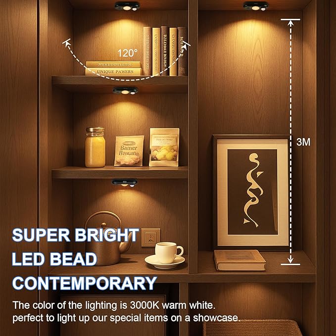 LED Motion Sensor Light Indoor, Magnetic Under Cabinet Lighting Warm White, Black Dimmable Rechargeable Puck Lights for Closet, Kitchen, Stairs(6 Pack)