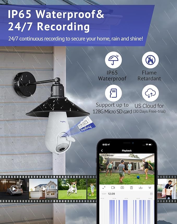 Hugolog 3K 5MP Light Bulb Security Cameras Wireless Outdoor-2.4GHz Cameras for Home Security Indoor with AI Sound Processing&Motion Detection,Color Night Vision,Auto Tracking,Siren Alarm,2-Way Talk