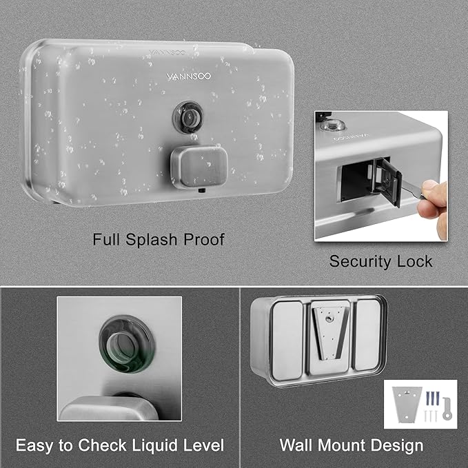 Wall Mounted Hand Soap Dispenser Bathroom, 1100ml 37oz Commercial Stainless Steel Liquid Soap Dispenser Wall Mount (Horizontal Brushed)