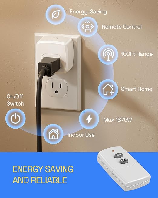 HBN Remote Control Outlet Plug Remote Switch Outlet with 100FT RF Signal Wireless Remote Light Switch On Off Switch Plug for Household Appliances 15A/1875W (1 Outlet + 1 Remote)
