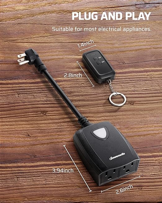 DEWENWILS Wireless Remote Control Outdoor Outlet with 2 Remotes, Electrical Plug-in Light Switch, Weatherproof, 15 AMP Heavy Duty, 100 FT Range, for Lights, Lamp, Fans, ETL Listed
