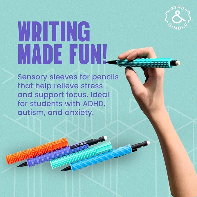 Gyre & Gimble Pencil Gidgets – Textured Silicone Pencil Sleeve for Quiet Fidgeting – Transform Your Mechanical Pencil into a Sensory ADHD Tool for Kids and Adults – 4 Sleeves & 2 Pencils - Gray