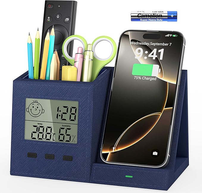 Multifunctional Pen Holder and Organizer for Desk with Wireless Charger, Digital Indoor Thermometer and Humidity Gauge, Home Office Organizers and Storage (Battery Included)