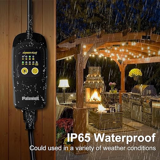 Outdoor Dimmer for String Lights – 560W Dimmer Plug with Daily Timer & Memory, IP65 Waterproof Plug in Dimmer Switch with 100FT Remote & Backup Button for Patio Lights, Backyard Party & Holiday Decor
