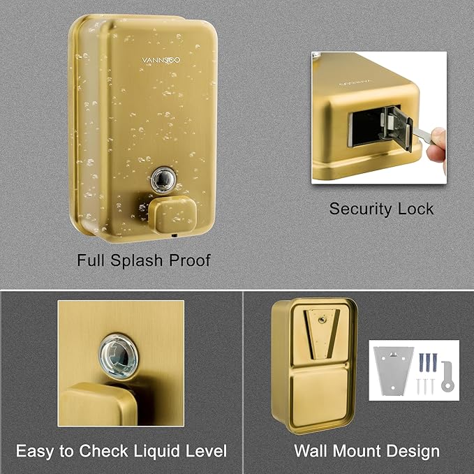 Wall Mounted Hand Soap Dispenser Bathroom, 1200ml 40oz Commercial Stainless Steel Liquid Soap Dispenser Wall Mount (Vertical Gold)