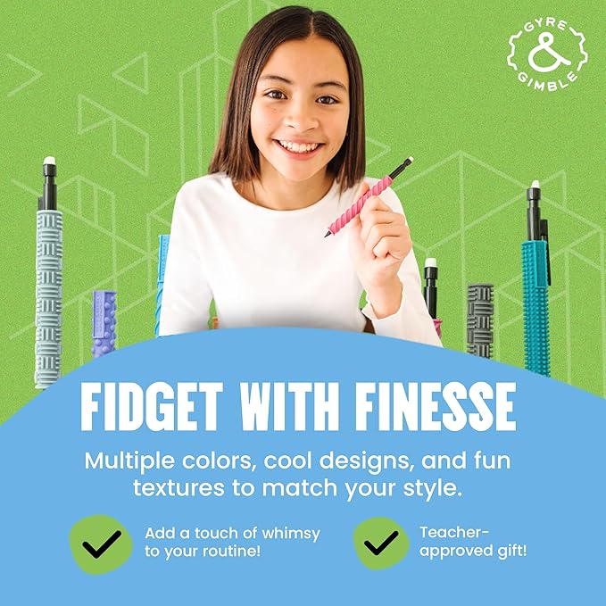 Gyre & Gimble Pencil Gidgets – Textured Silicone Pencil Sleeve for Quiet Fidgeting – Transform Your Mechanical Pencil into a Sensory ADHD Tool for Kids and Adults – 4 Sleeves & 2 Pencils - Gray
