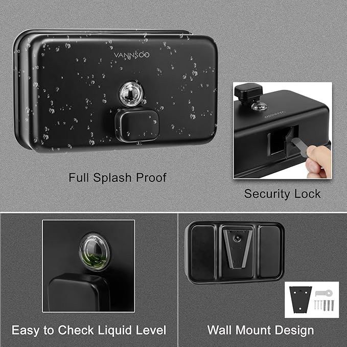 Wall Mounted Hand Soap Dispenser Bathroom, 1200ml 40oz Commercial Stainless Steel Black Liquid Soap Dispenser Wall Mount (Horizontal Black)