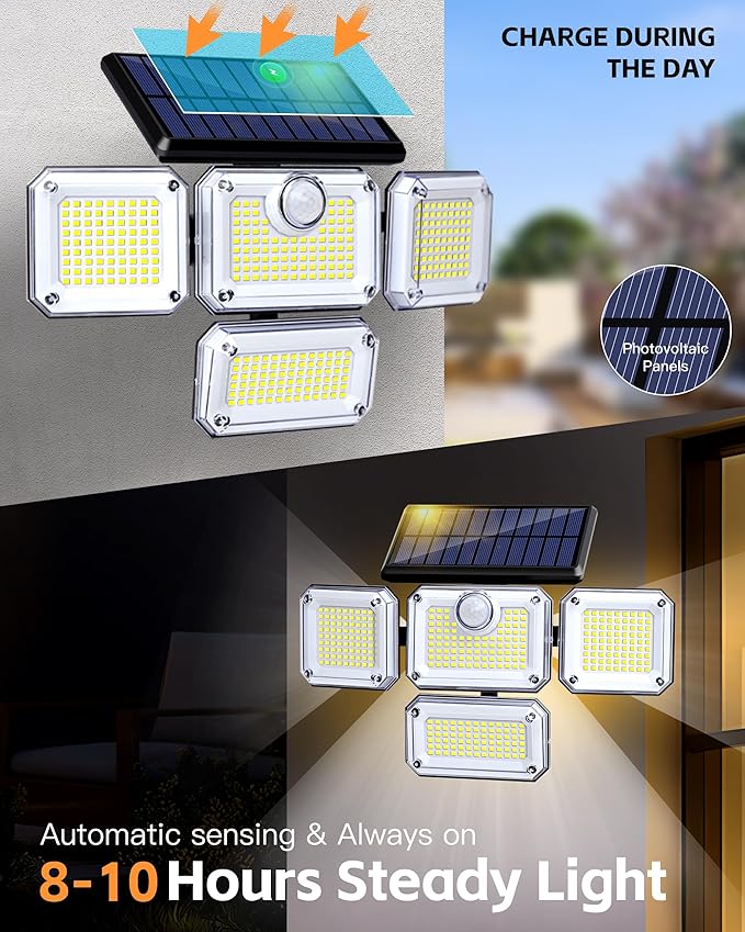Outdoor Motion Sensor Lamp, 4-Head Solar Power Light, 333 LED Solar Light, Wireless Flood Lights Outdoor，3000 Lumens, 6500K, Motion Sensor, IP65 Waterproof, 270° Lighting Range for Street （2Pack）