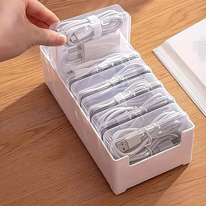 7 Box Cable Organizer Storage Box, Desktop Cable Management with Switch, Power Cord Organizer for Office,Home,Desk Accessories Storage Stationery Supplies and Accessories（Clear