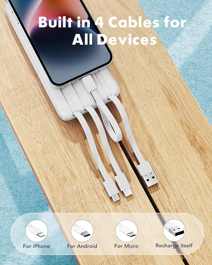 charmast Portable Charger with Reinforced Built-in 4 Cables,10000mAh Power Bank Travel Essentials 6 Outputs 3 Inputs 3A Fast Charging Compatible with iPhone iPad Samsung Google Pixel LG Moto etc.